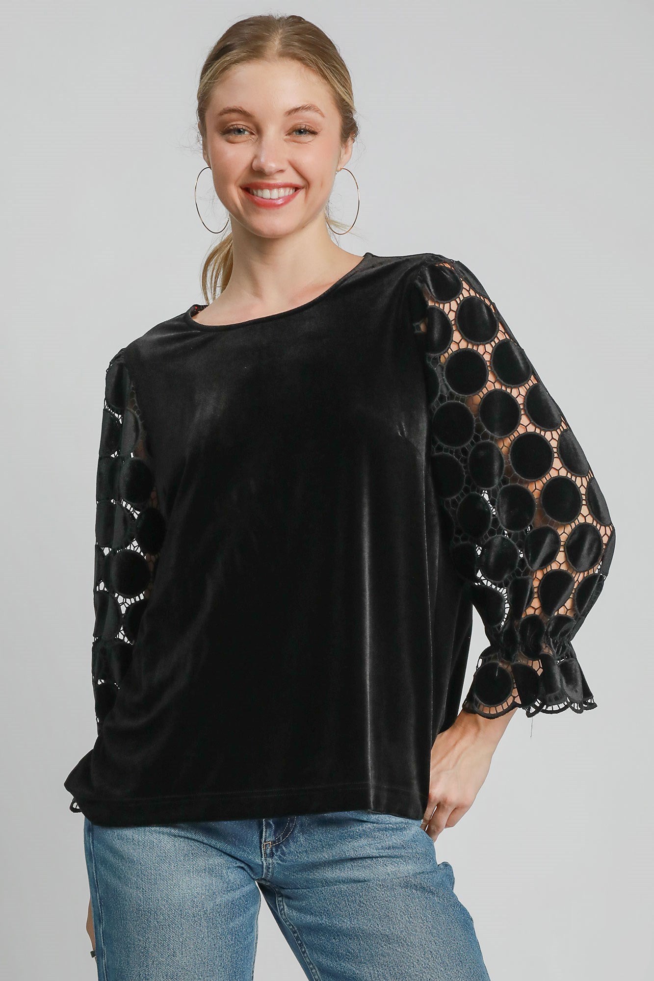 Umgee Polka Dot Lace Long Sleeve Round Neck Blouse - AMIN Clothing 