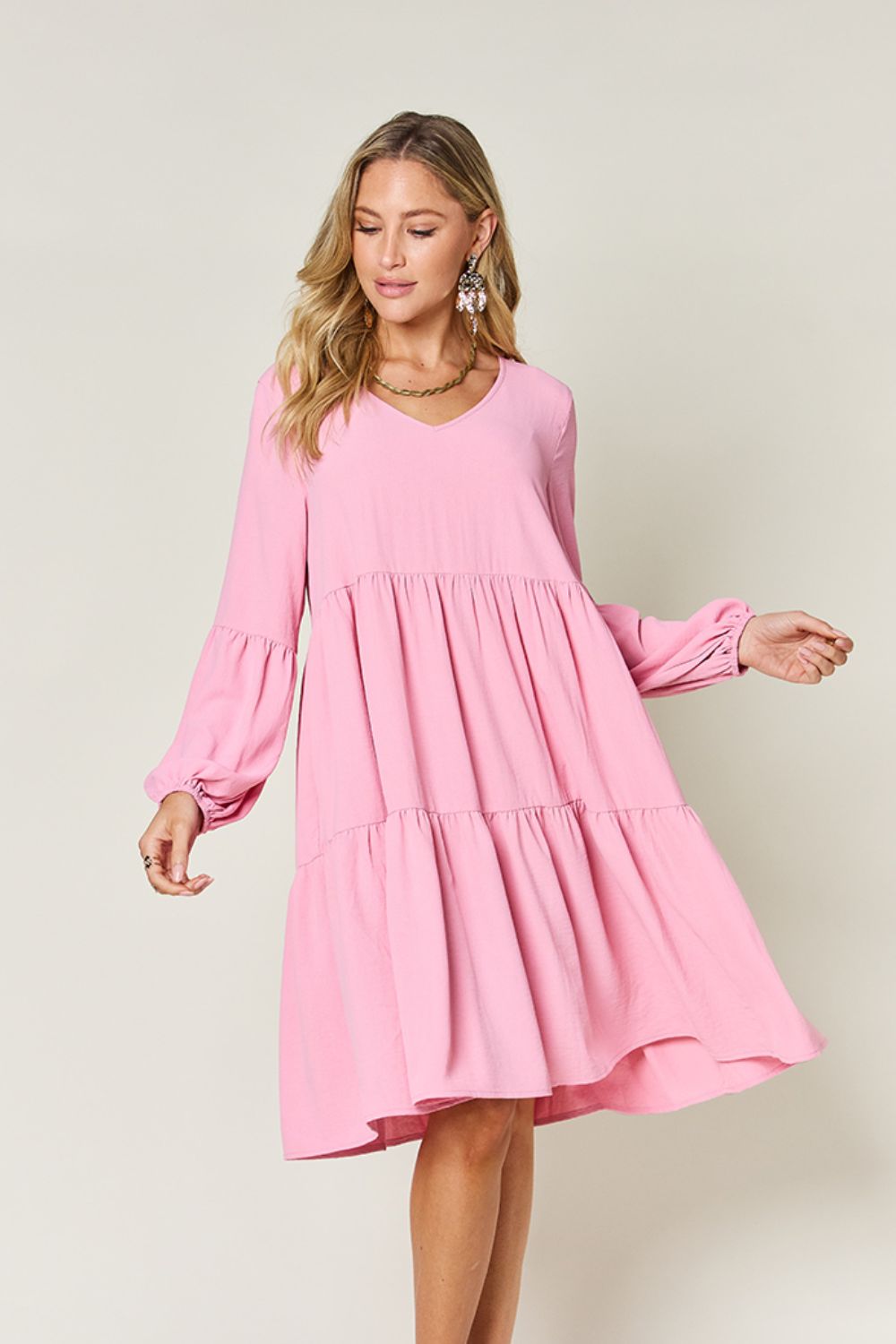 Double Take Full Size V-Neck Balloon Sleeve Tiered Dress with Pockets - AMIN Clothing 