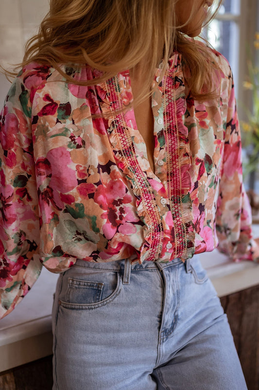 Frill Floral Button Down Long Sleeve Shirt - AMIN Clothing 