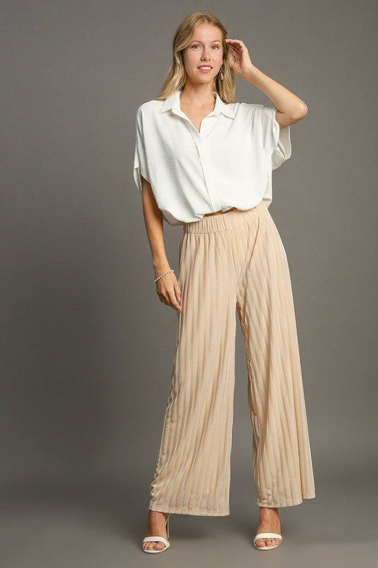 Umgee Elastic Waist Striped Wide Leg Velvet Pants - AMIN Clothing 