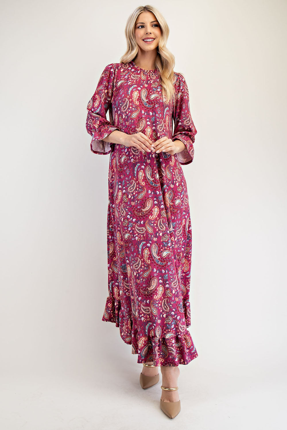 Celeste Full Size Ruffle Hem Paisley Round Neck Dress - AMIN Clothing 