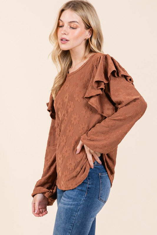 BOMBOM Ruffled Flower Round Neck Blouse - AMIN Clothing 