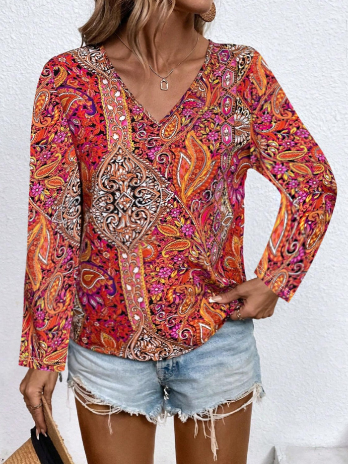 Printed V-Neck Long Sleeve Blouse - AMIN Clothing 