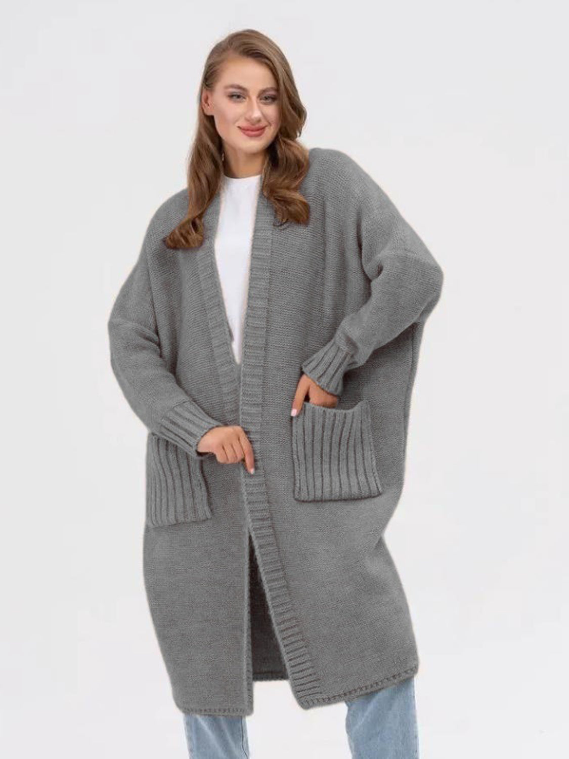 Pocketed Open Front Long Sleeve Longline Cardigan - AMIN Clothing 