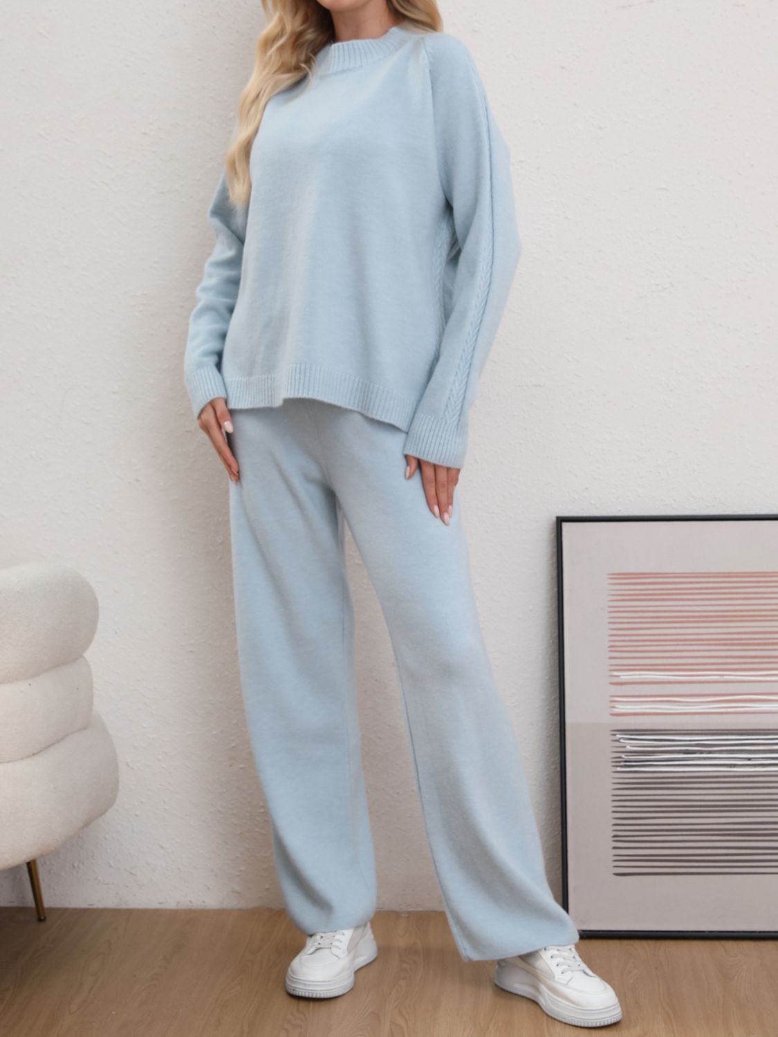 Mock Neck Long Sleeve Top and Pants Sweater Set - AMIN Clothing 