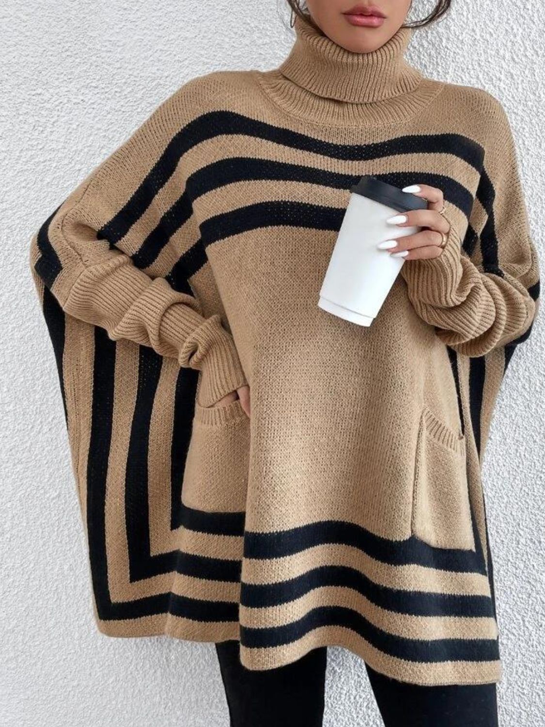 Striped Turtleneck Batwing Sleeve Sweater with Pockets - AMIN Clothing 