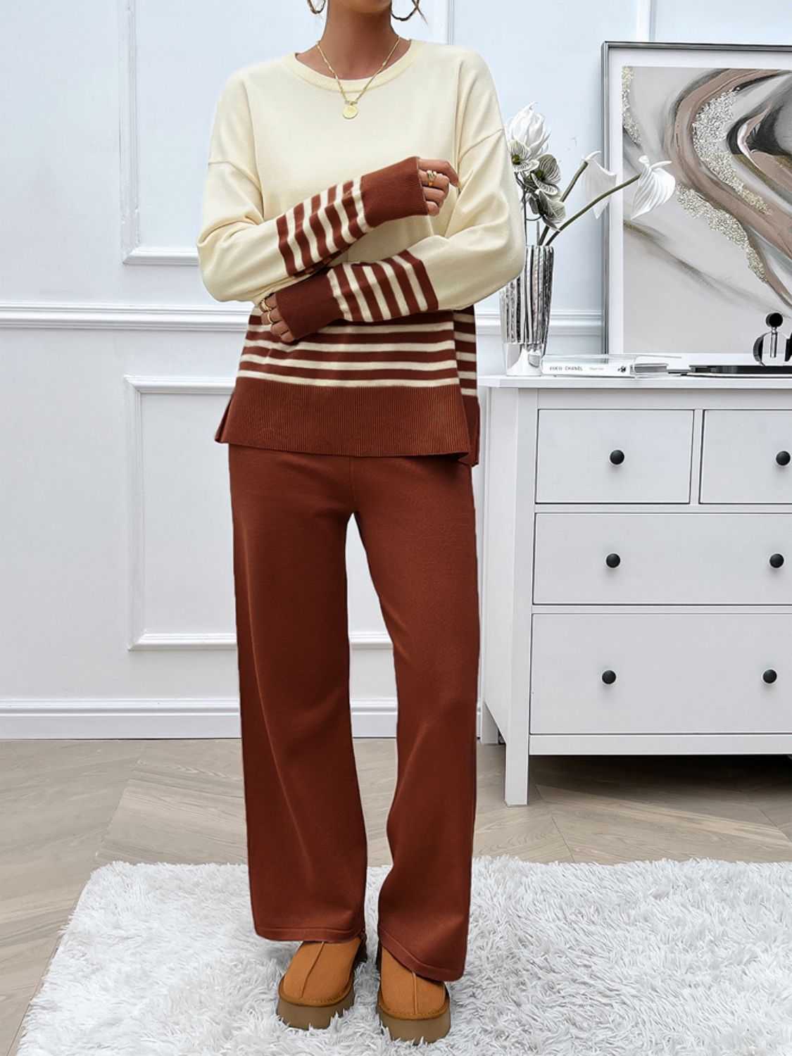 Devine Slit Striped Round Neck Top and Pants Sweater Set - AMIN Clothing 