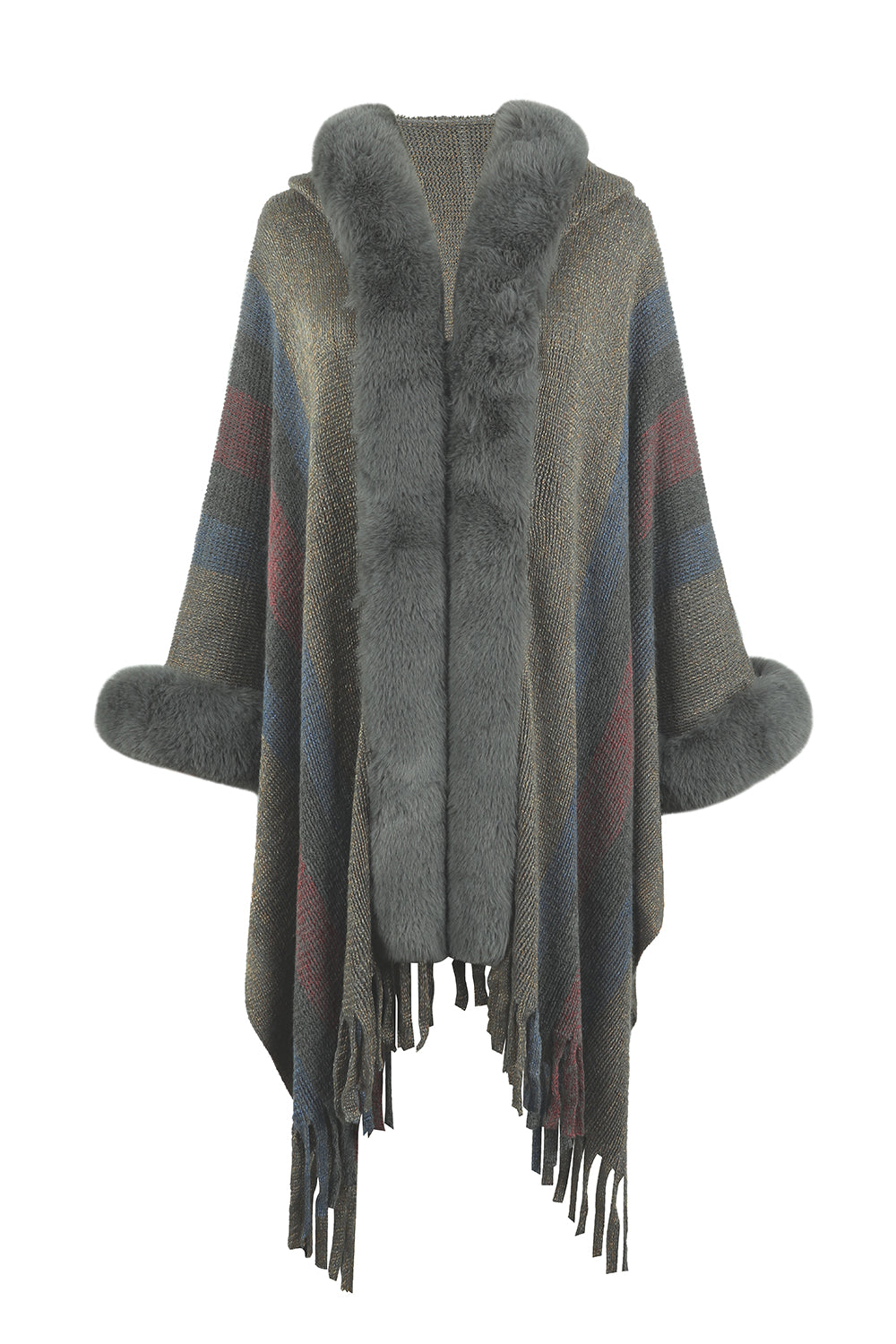 Color Block Fringe Detail Poncho - AMIN Clothing 