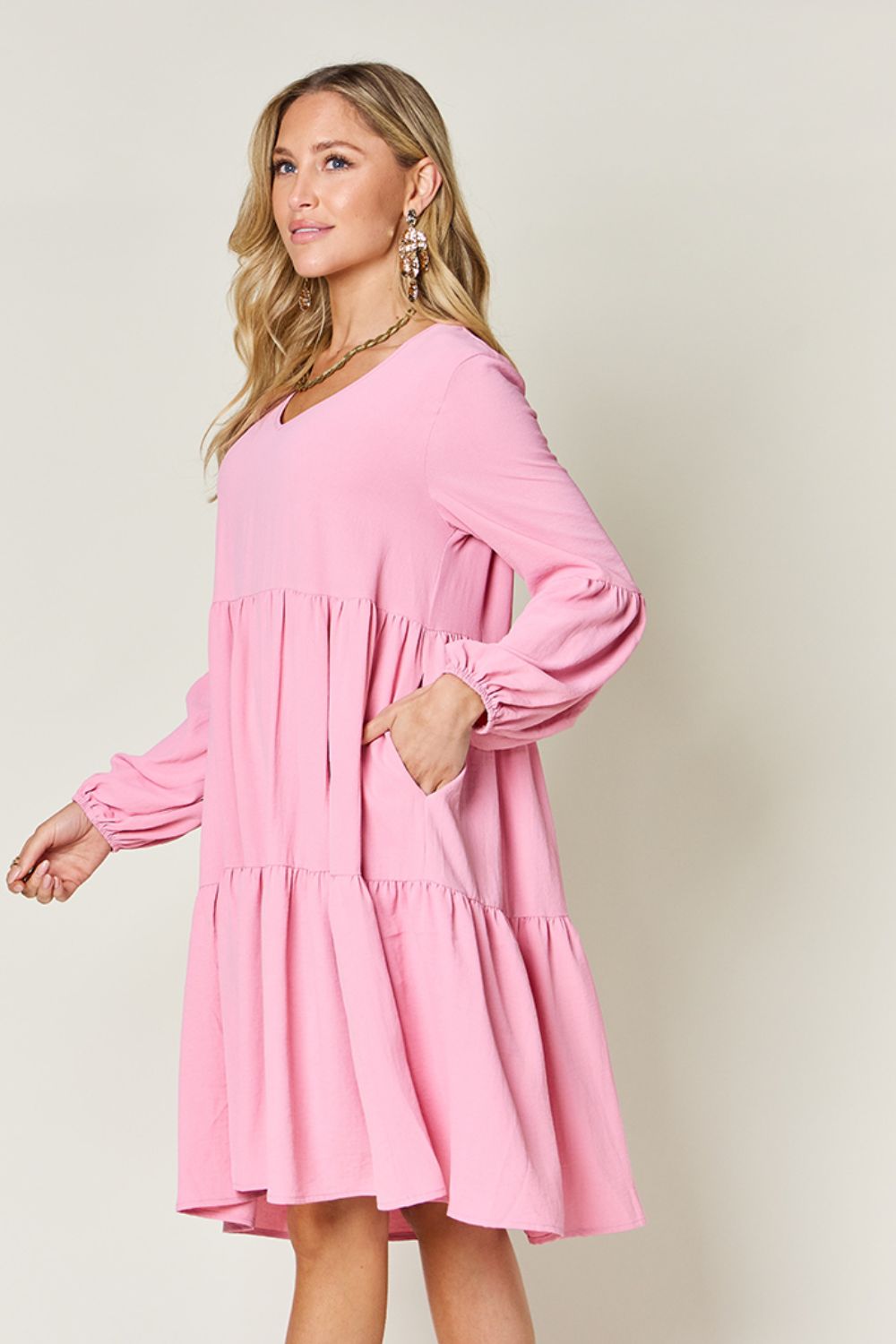 Double Take Full Size V-Neck Balloon Sleeve Tiered Dress with Pockets - AMIN Clothing 