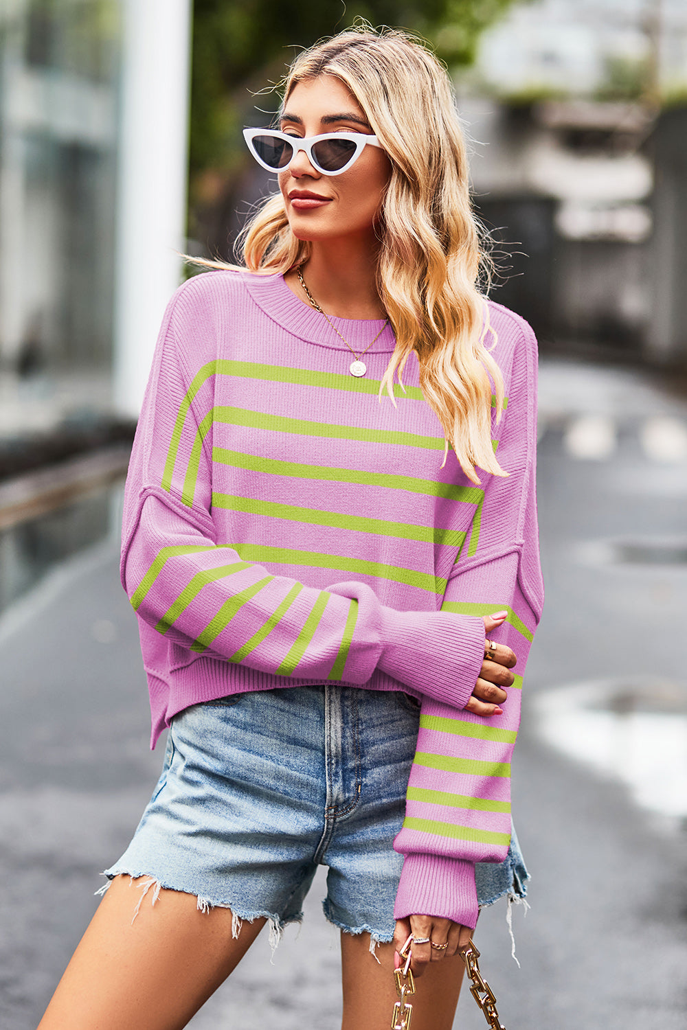 Striped Round Neck Drop Shoulder Slit Sweater - AMIN Clothing 