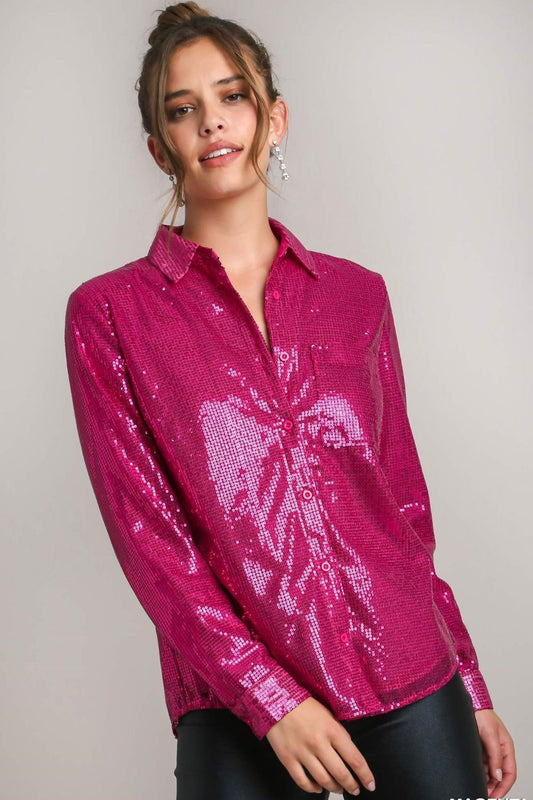 Umgee Sequin Long Sleeve Shirt with Side Chest Pocket - AMIN Clothing 