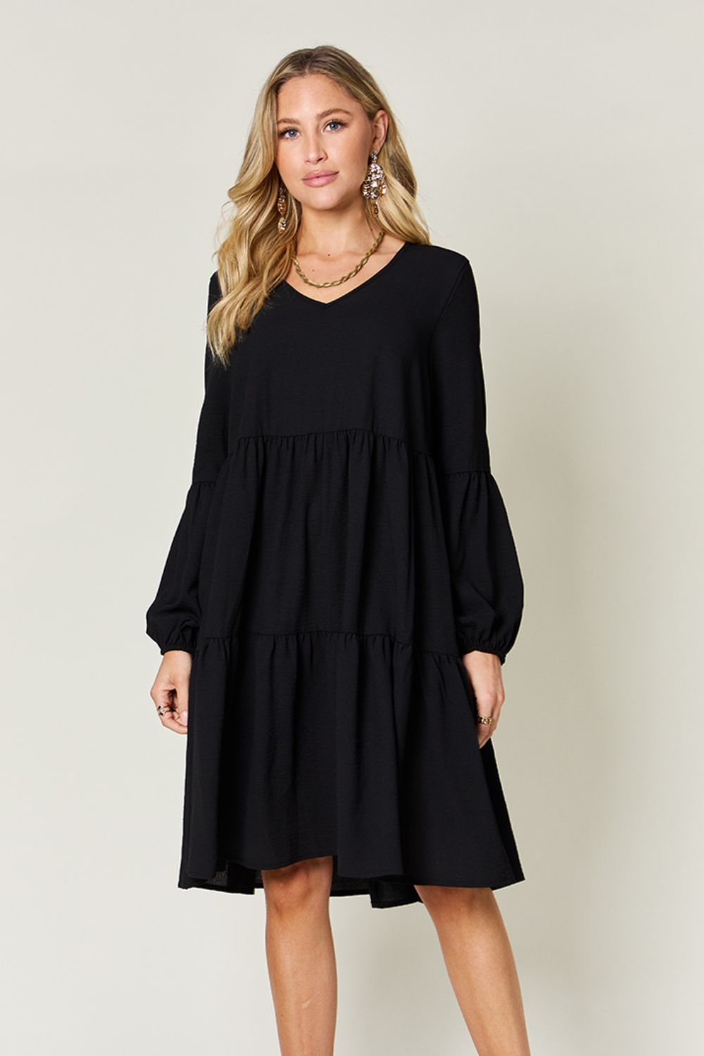 Double Take Full Size V-Neck Balloon Sleeve Tiered Dress with Pockets - AMIN Clothing 