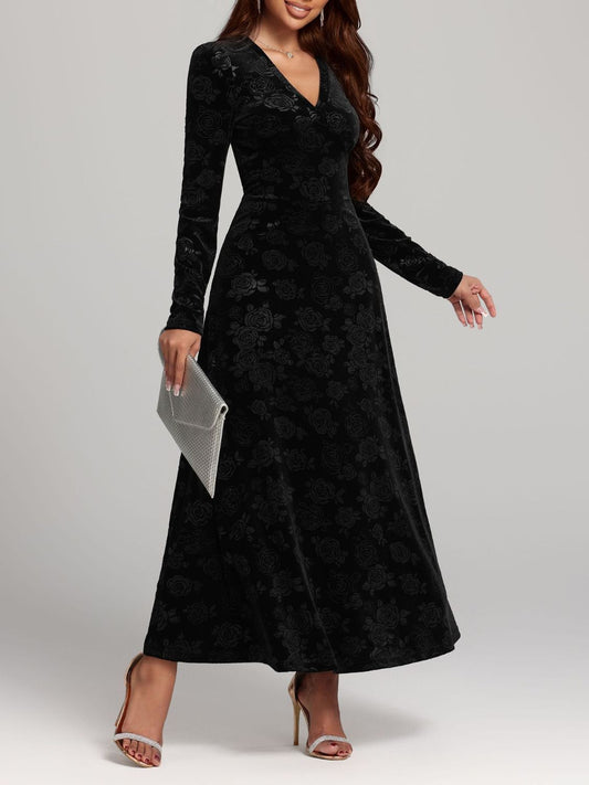 Rose Print V-Neck Long Sleeve Dress - AMIN Clothing 