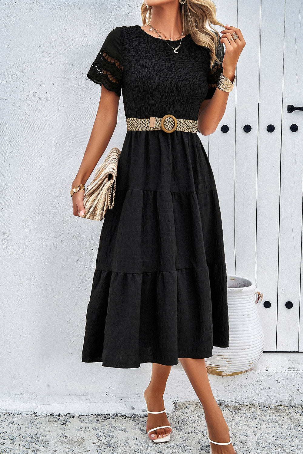 Devine Smocked Round Neck Short Sleeve Midi Dress - AMIN Clothing 