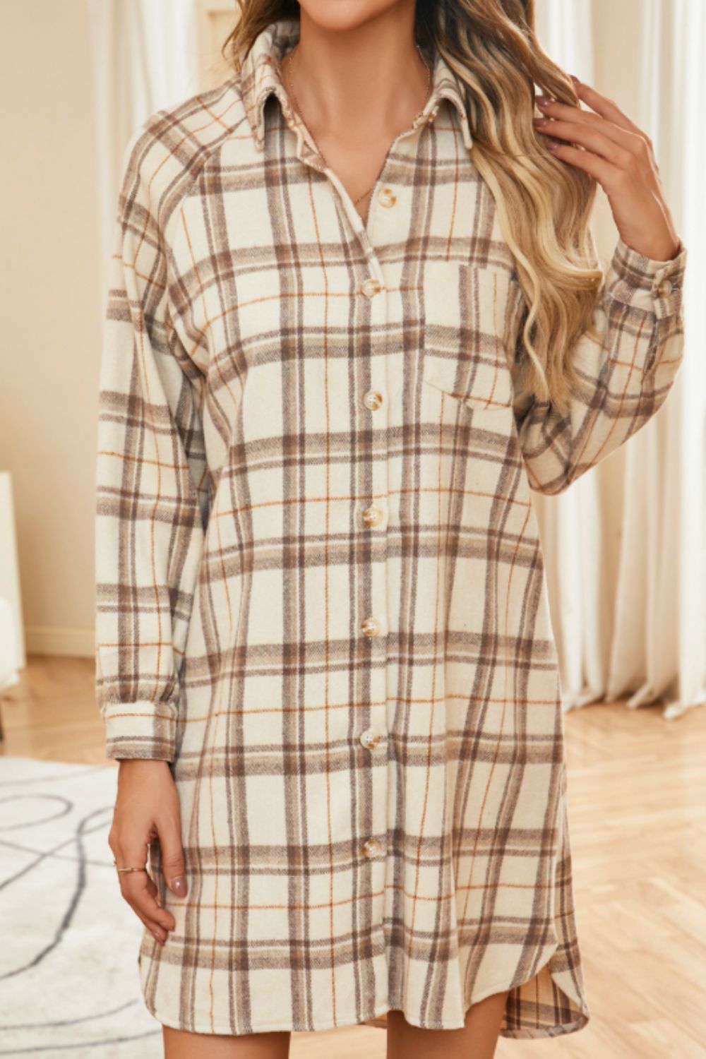 Plaid Collared Neck Long Sleeve Mini Shirt Dress - AMIN Clothing 