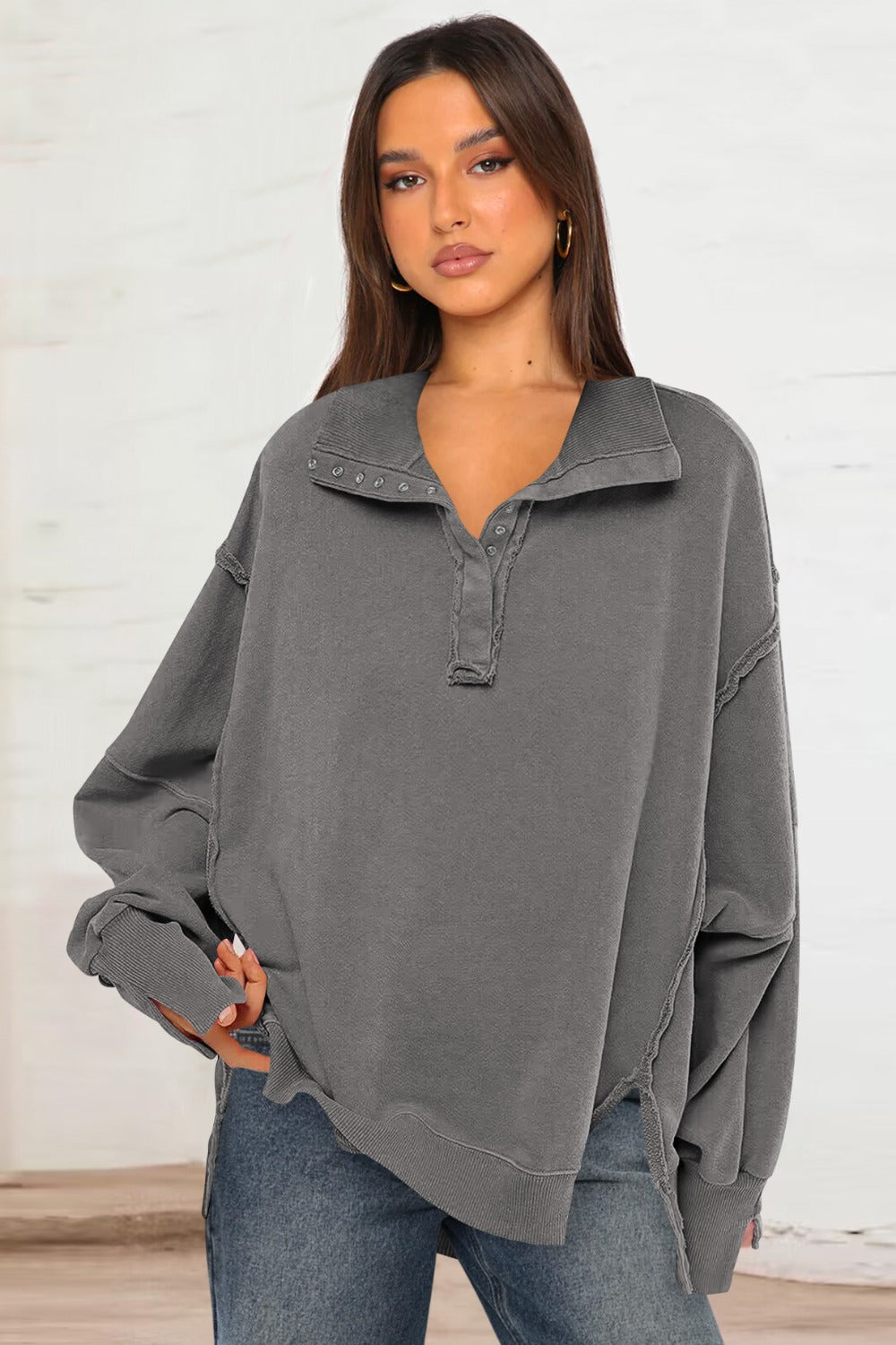 Exposed Seam Side Slit Long Sleeve Sweatshirt - AMIN Clothing 