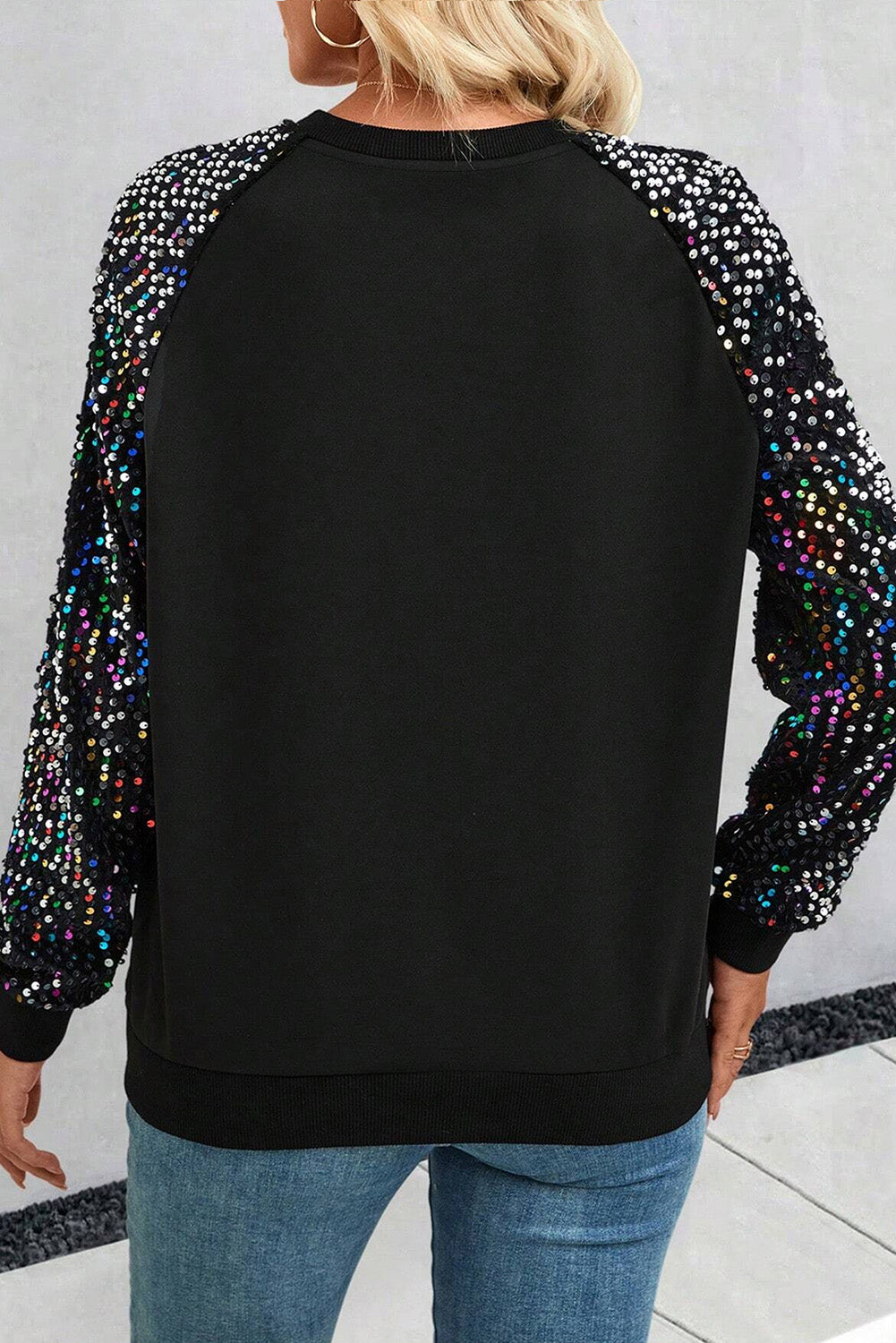 Sequin Round Neck Long Sleeve Blouse - AMIN Clothing 