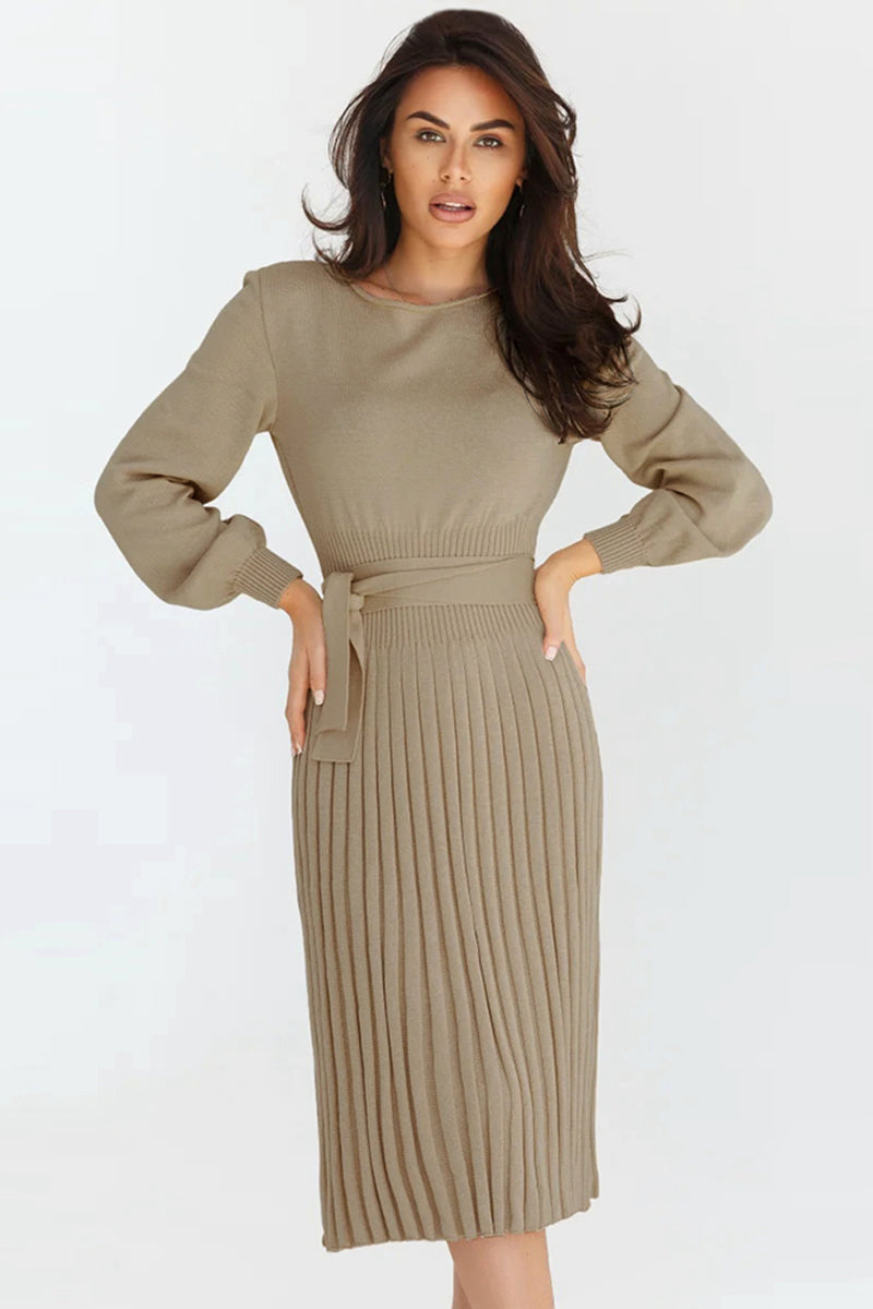 Round Neck Long Sleeve Pleated Sweater Dress - AMIN Clothing 