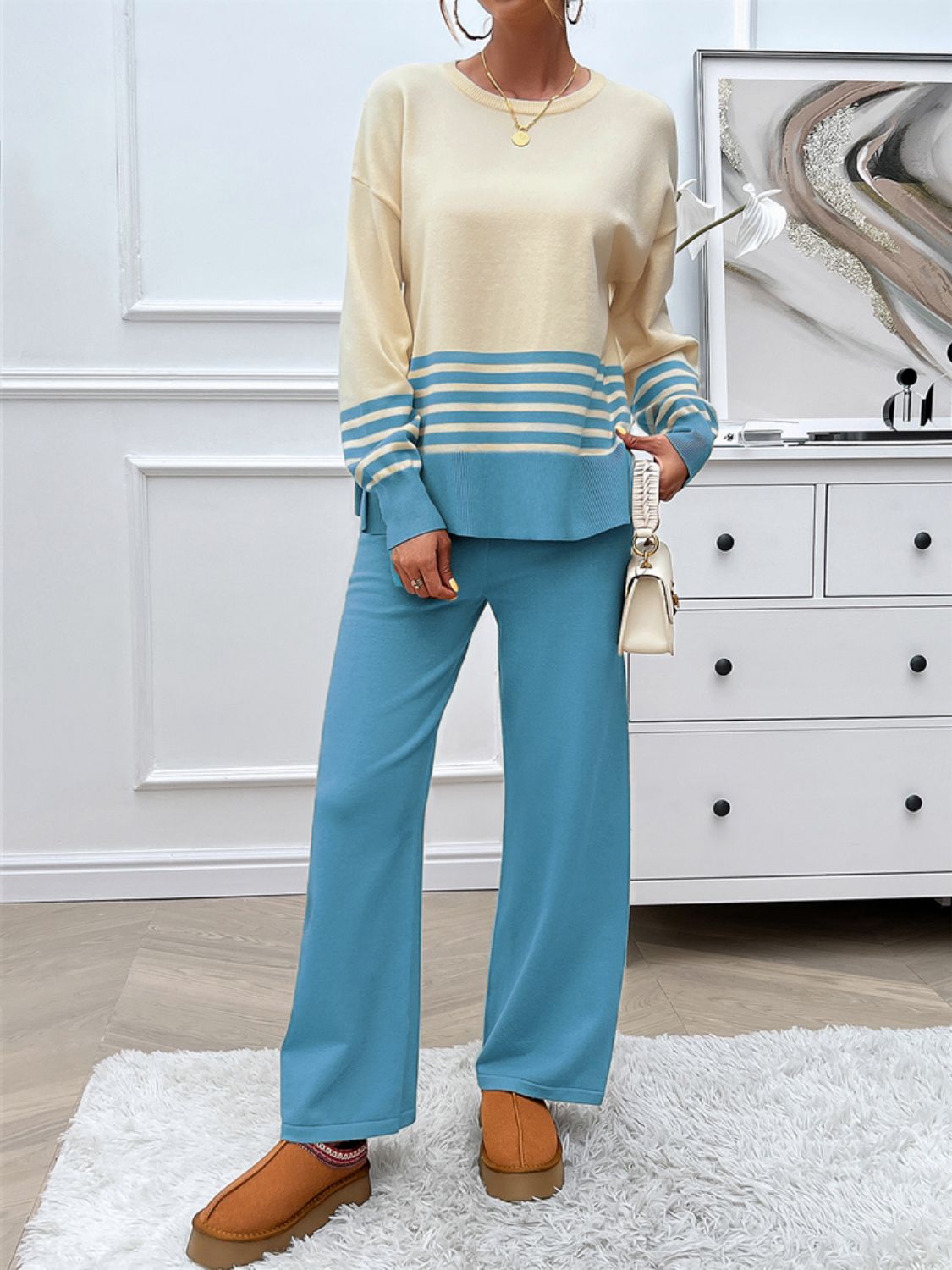 Devine Slit Striped Round Neck Top and Pants Sweater Set - AMIN Clothing 