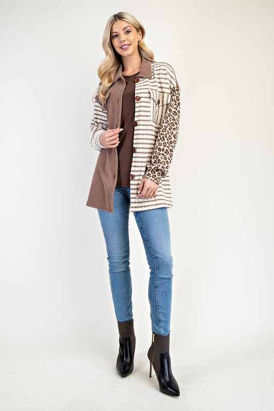 Celeste Full Size Leopard Contrast Button Up Shacket - AMIN Clothing 