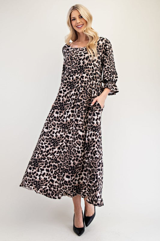 Celeste Full Size Leopard Round Neck Flounce Sleeve Dress - AMIN Clothing 