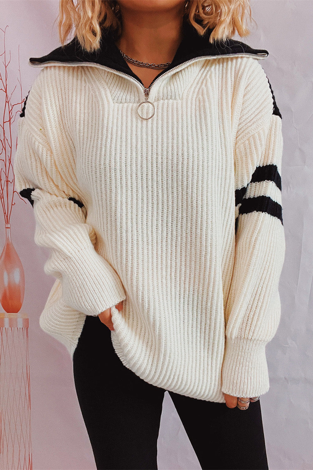 Quarter Zip Striped Dropped Shoulder Sweater - AMIN Clothing 