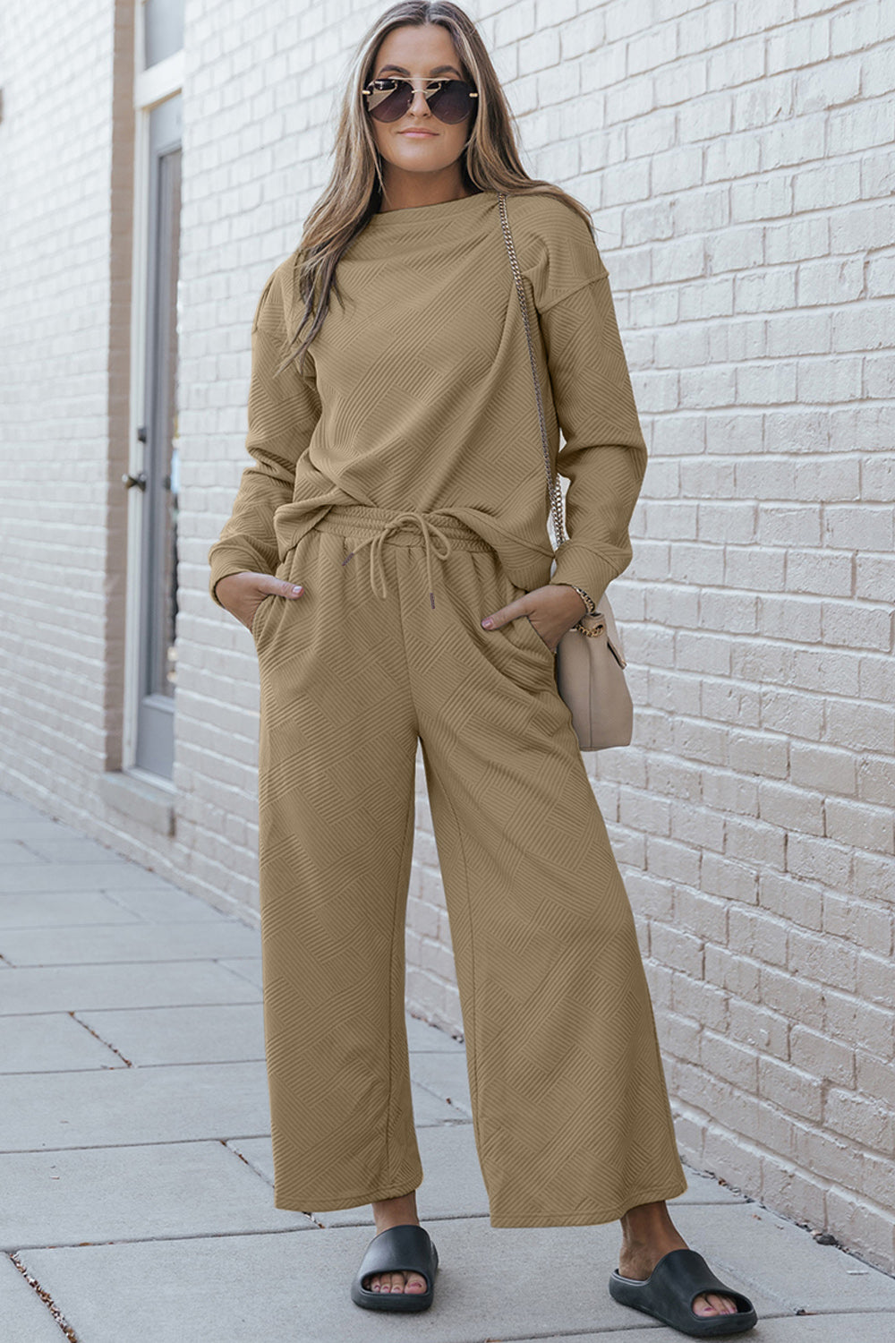 Double Take Full Size Textured Long Sleeve Top and Drawstring Pants Set - AMIN Clothing 