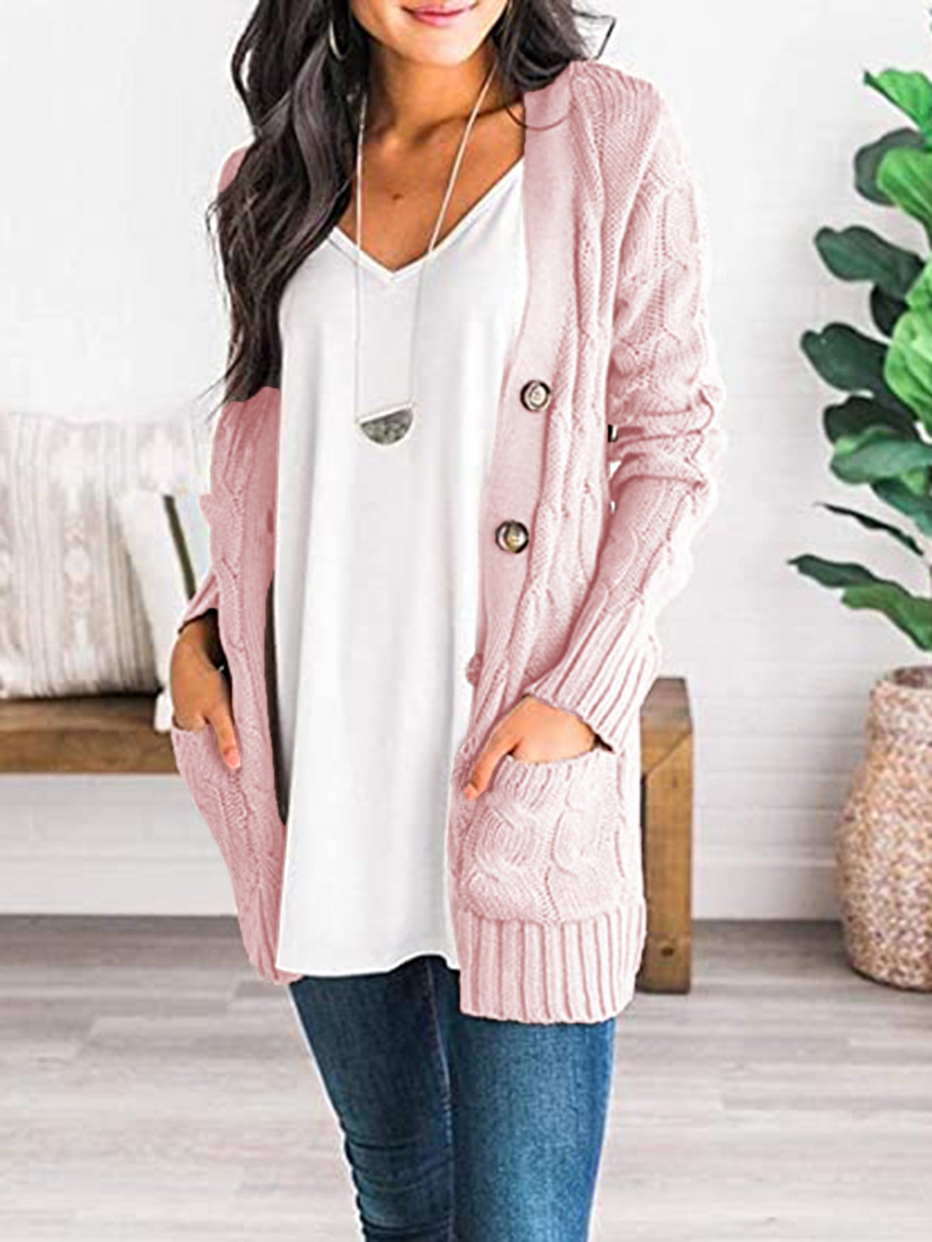 Cable-Knit Buttoned Cardigan with Pockets - AMIN Clothing 