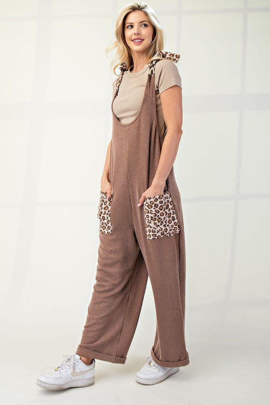 Celeste Full Size Ribbed Leopard Tied Shoulder Overalls - AMIN Clothing 