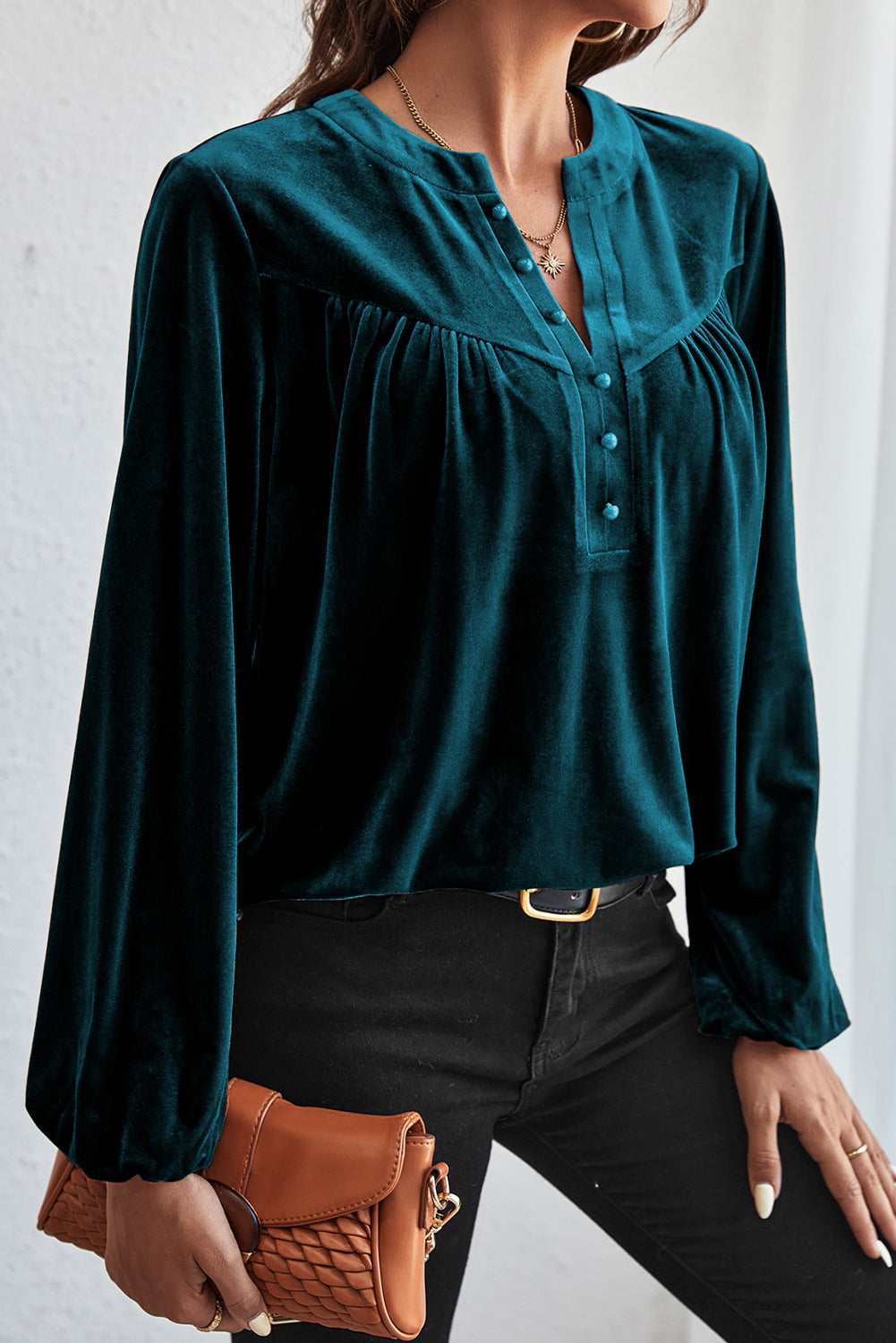 Ruched Decorative Button Notched Blouse - AMIN Clothing 