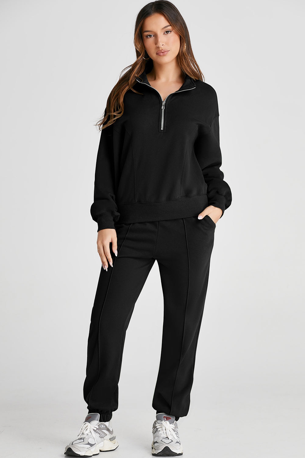 Half Zip Long Sleeve Top and Joggers Active Set - AMIN Clothing 