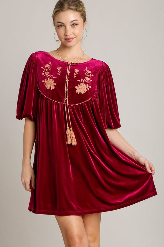 Umgee Embroidered Half Sleeve Velvet Mini Dress with Tassel - AMIN Clothing 