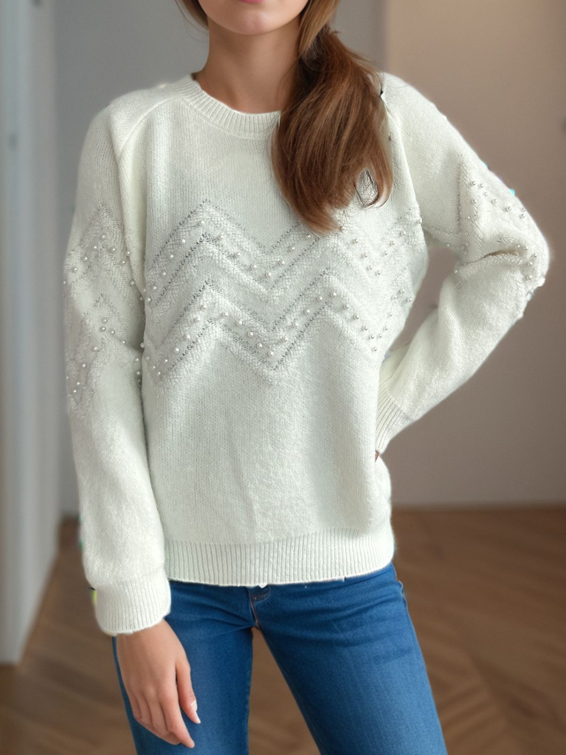 Pearl Trim Round Neck Raglan Sleeve Sweater - AMIN Clothing 