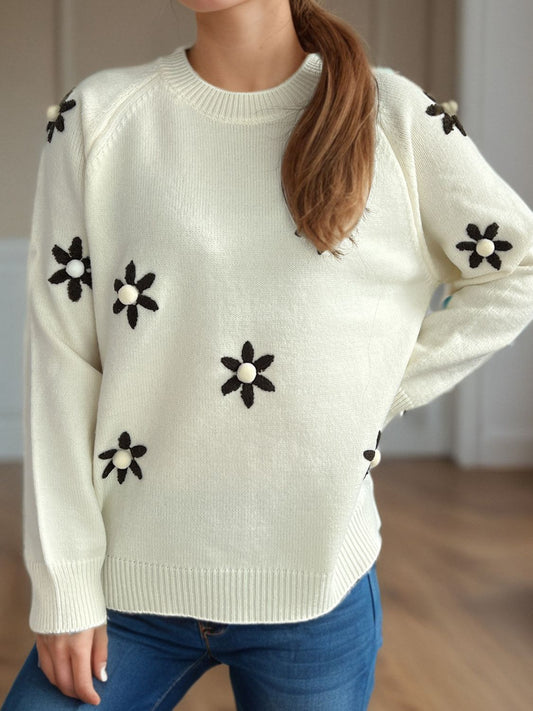 Flower Round Neck Raglan Sleeve Sweater - AMIN Clothing 