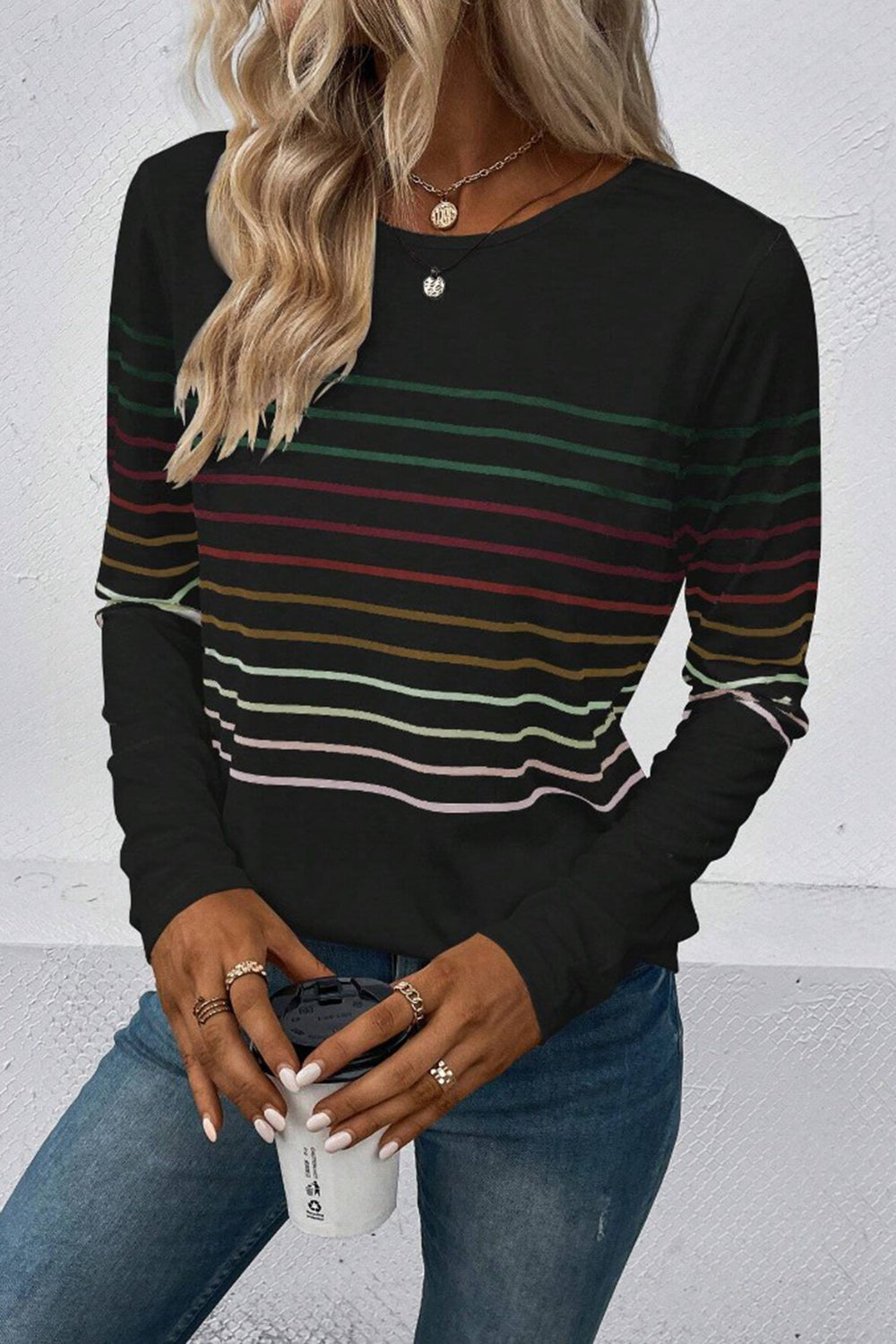 Striped Round Neck Long Sleeve T-Shirt - AMIN Clothing 