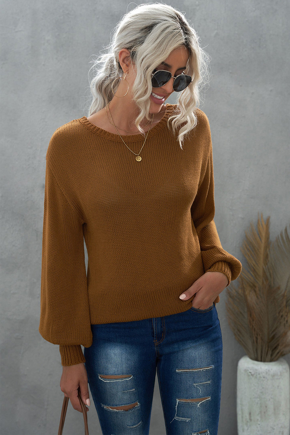 Tied Balloon Sleeve Round Neck Sweater - AMIN Clothing 