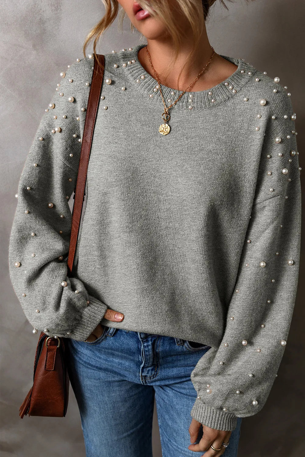 Pearl Detail Round Neck Long Sleeve Sweater - AMIN Clothing 