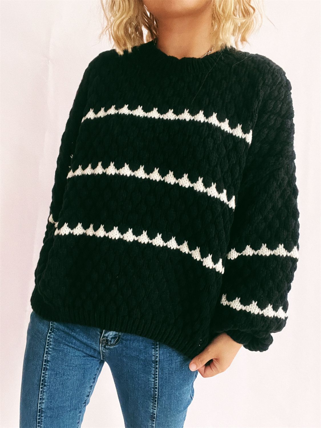 Contrast Stripes Round Neck Long Sleeve Sweater - AMIN Clothing 