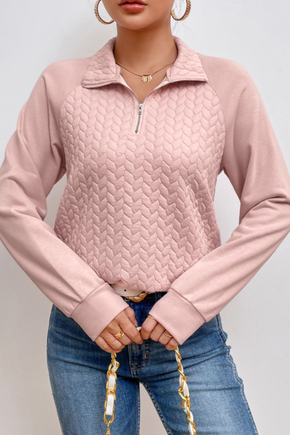 Textured Quarter Zip Long Sleeve Sweatshirt - AMIN Clothing 