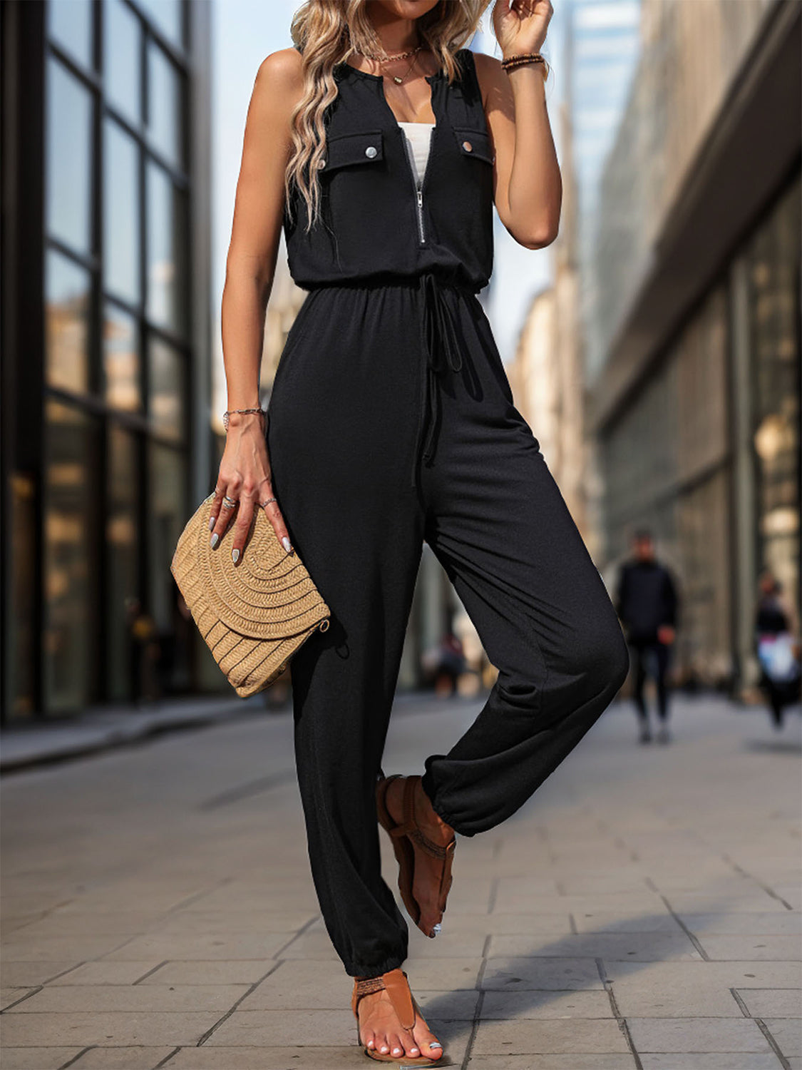 Perfee Half Zip Sleeveless Jumpsuit with Pockets - AMIN Clothing 