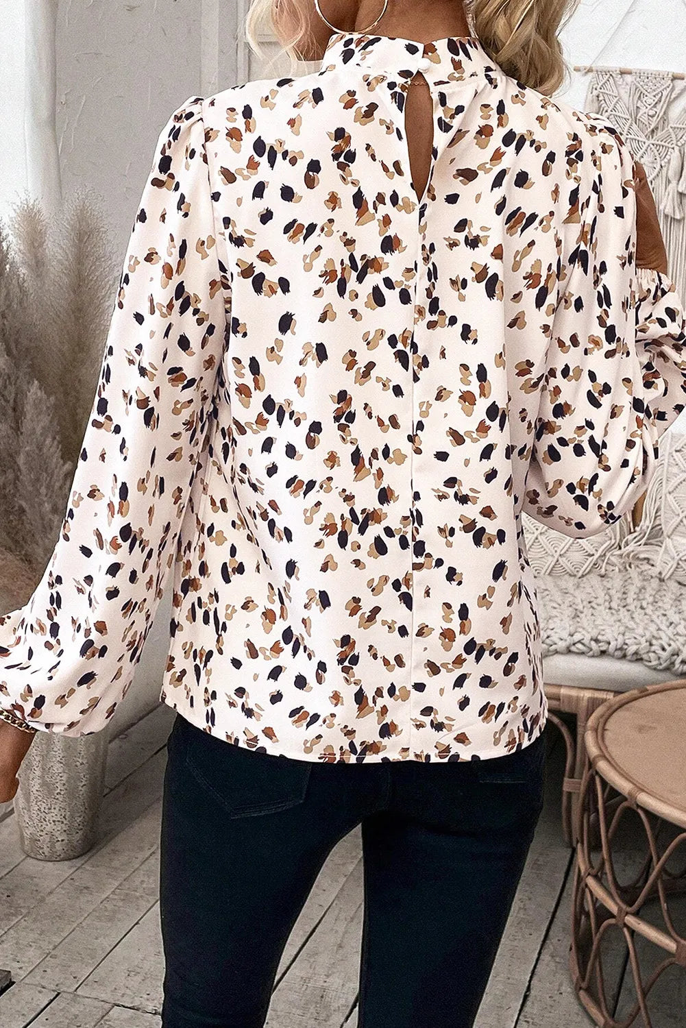 Printed Mock Neck Long Sleeve Blouse - AMIN Clothing 