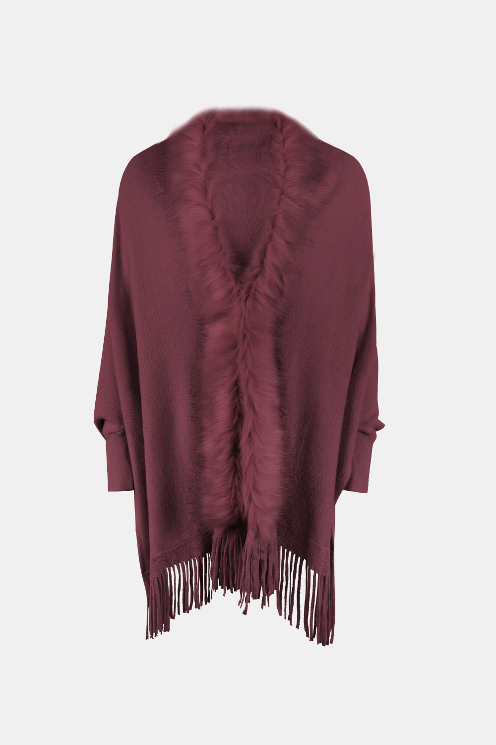 Fringe Open Front Long Sleeve Poncho - AMIN Clothing 