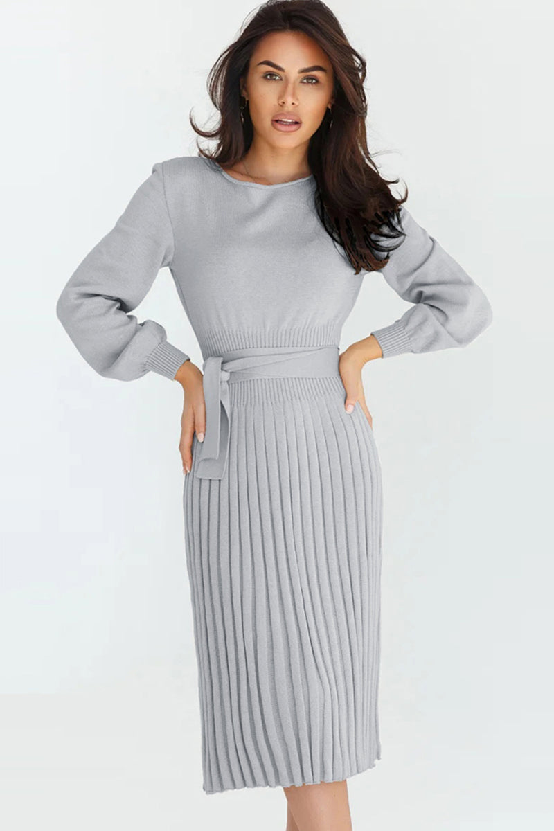 Round Neck Long Sleeve Pleated Sweater Dress - AMIN Clothing 