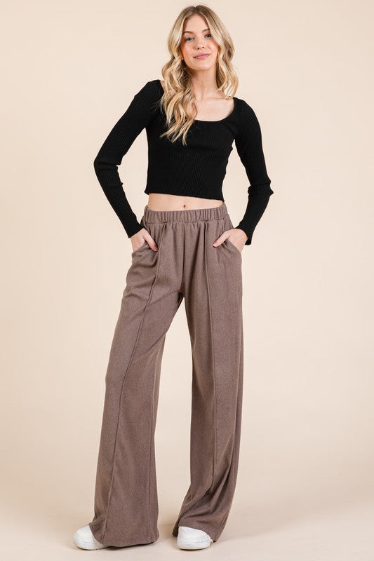 BOMBOM Elastic Waist Wide Leg Pants with Pockets - AMIN Clothing 