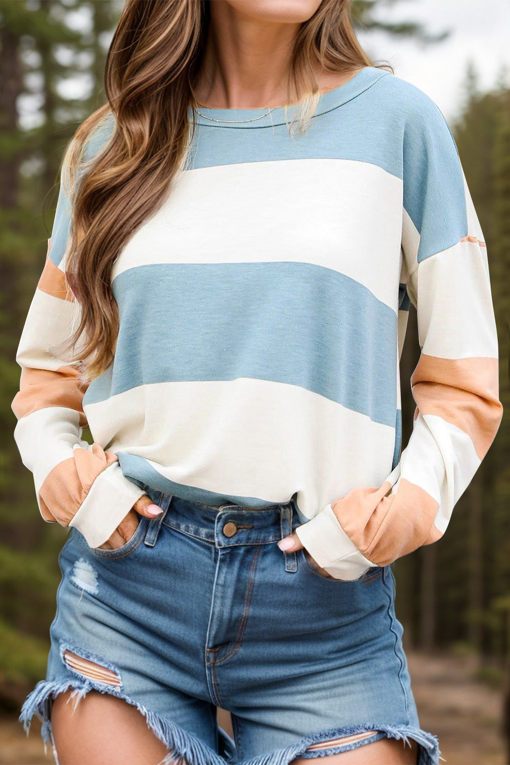 Contrast Color Block Round Neck Long Sleeve Top - AMIN Clothing 