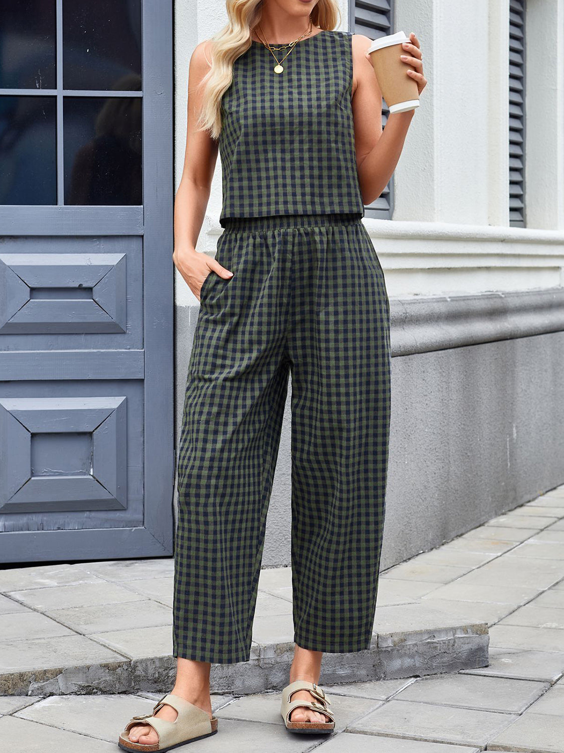 Lovelet Plaid Round Neck Sleeveless Top and Pants Set - AMIN Clothing 