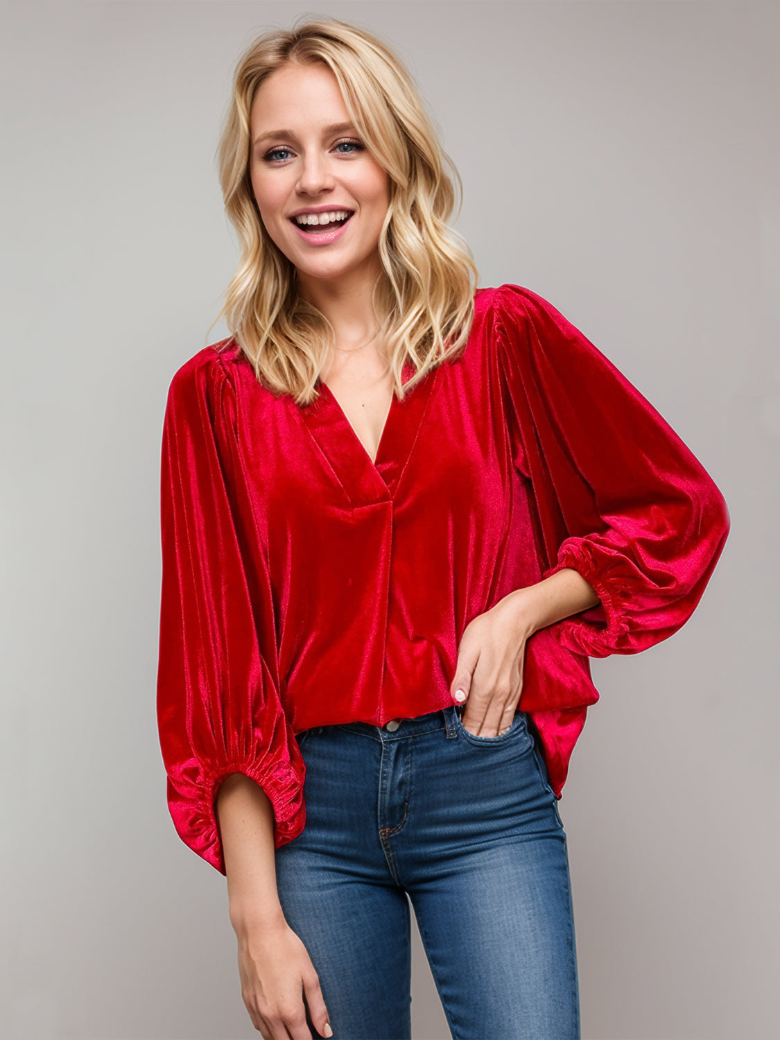 V-Neck Three-Quarter Sleeve Blouse - AMIN Clothing 