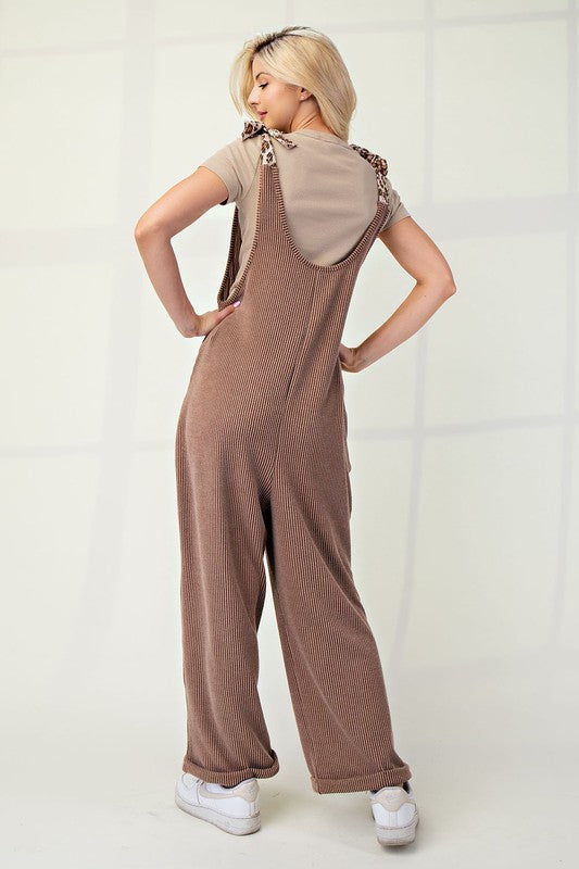 Celeste Full Size Ribbed Leopard Tied Shoulder Overalls - AMIN Clothing 