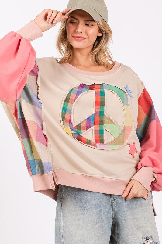 SAGE + FIG Full Size Contrast Peace Patch Dropped Shoulder Sweatshirt - AMIN Clothing 