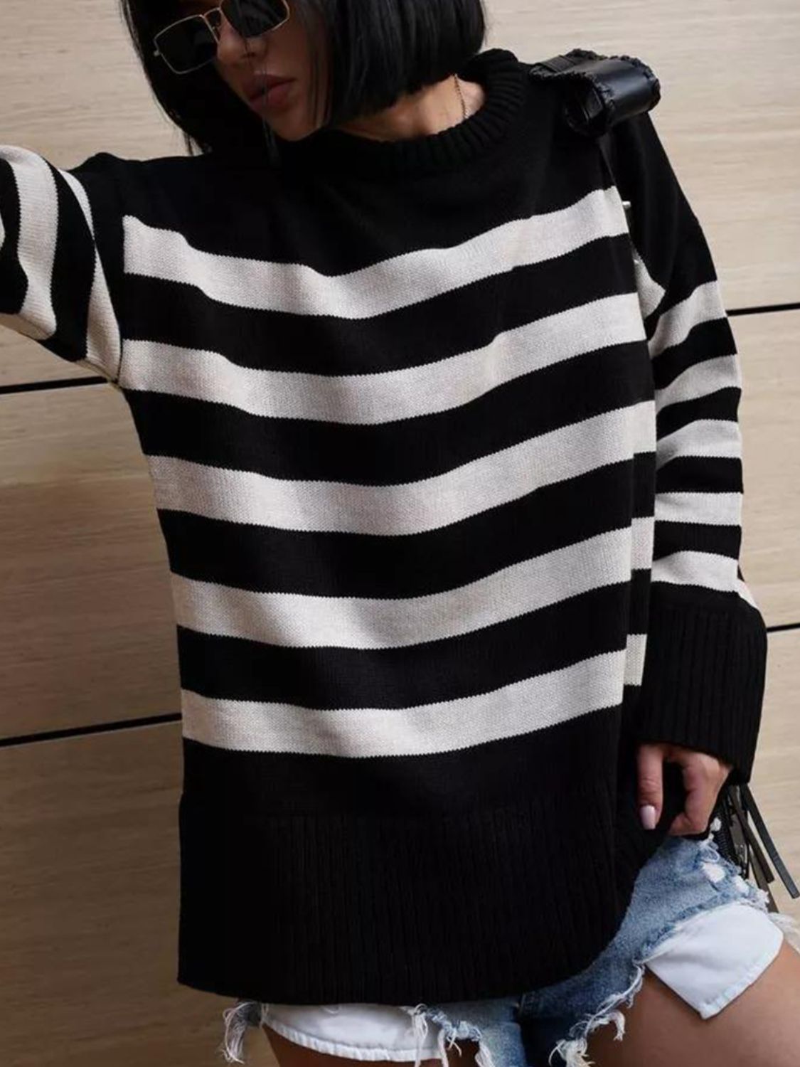 Slit Striped Round Neck Sweater - AMIN Clothing 